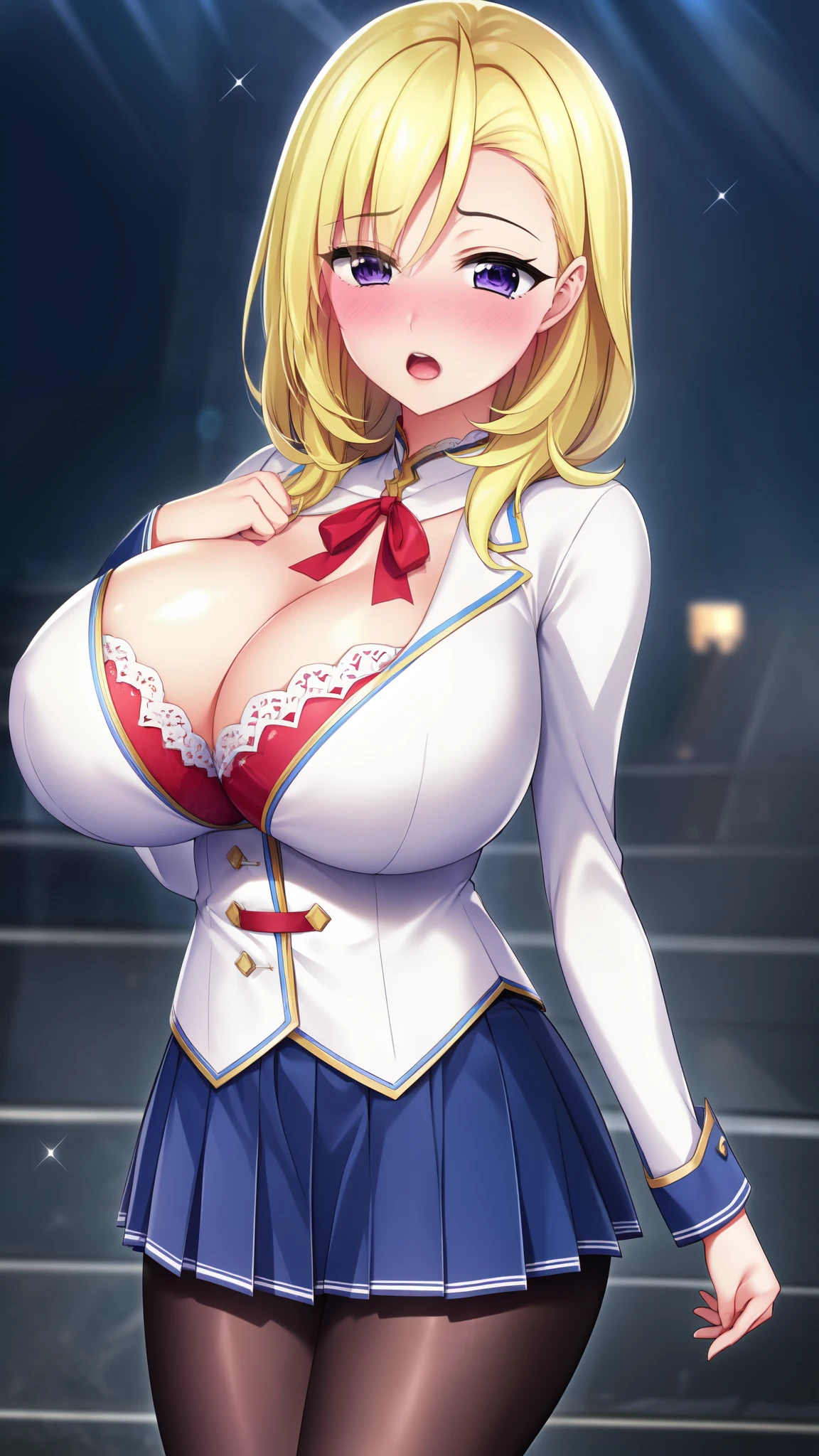 mature woman, 1girl, solo, medium hair, purple eyes, skirt, blonde hair, huge breasts, white jacket, long sleeves, ribbon, cleavage, pantyhose, pleated skirt, frills, miniskirt, red ribbon, blue skirt, black pantyhose, neck ribbon, school , cosplay , brown pantyhose, ,(masterpiece: 1.0), (best_quality: 1.0), ultra high resolution, 4K, ultra detailed, photography, 8K, HDR, highres, absurders:1.2, Kodak portra 400, film grain, blurred background, bokeh:1.2, l (vibrant_color:1.2) (Beautiful), (beautiful_face:1.5),(narrow_waist), anime style, sharp focus, professional artwork,trending on pixiv, detailed bold arm lines, high color saturation, bold lines, bold drawing lines), open mouth, (white skin, (fair skin)
