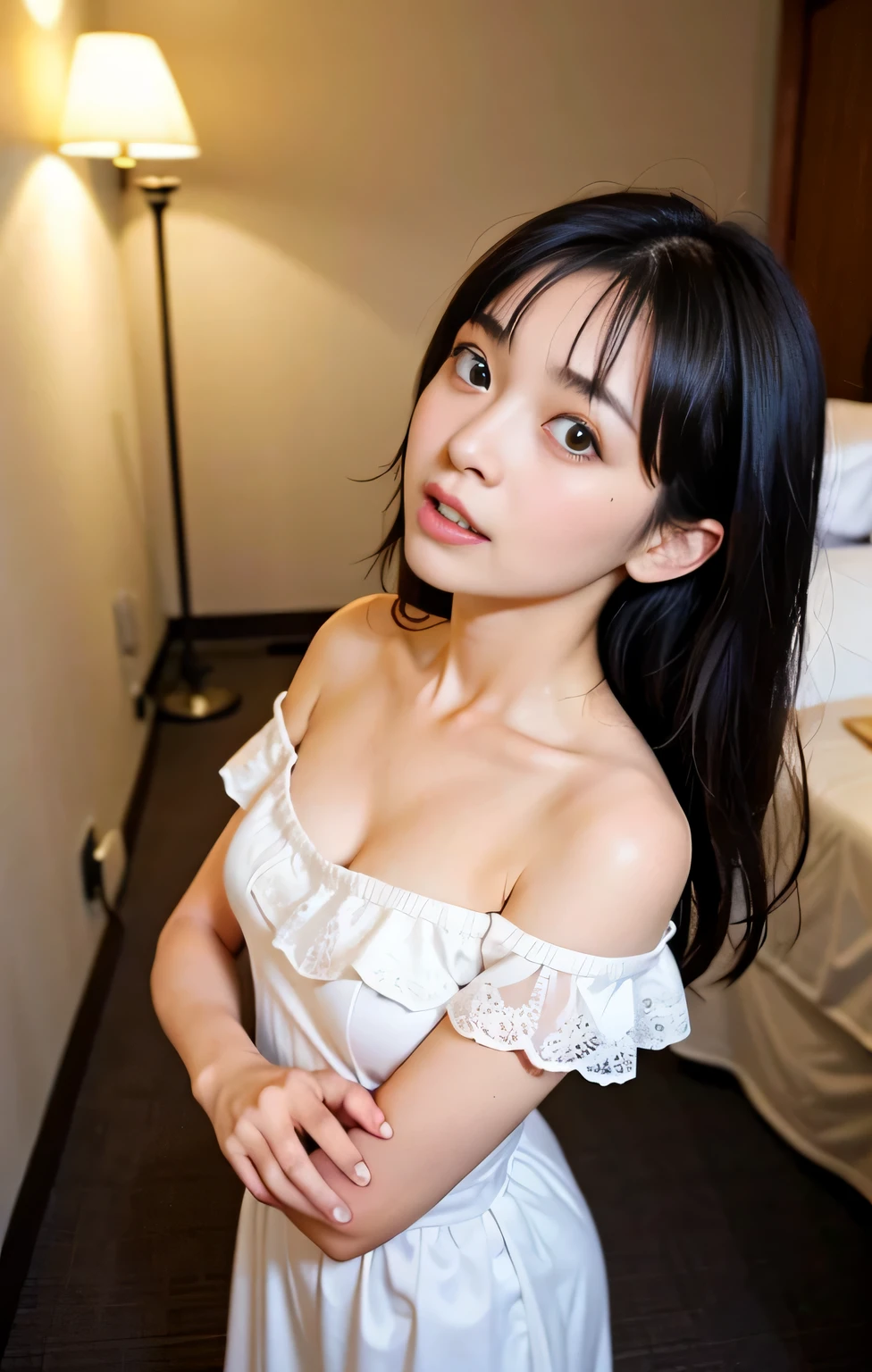 (top quality, ultra high definition), (photorealistic: 1.4), professional lighting, (ultra-detailed skin: 1.5), (detailed eyes: 1.5), night, love hotel, bedroom, on a white futon, (2 girls), slender, white bra, white string panties, shoulder sticking out, sleeveless, dark brown eyes, (brown hair: 1.5), long hair, (side tail), wavy hair, ( small breasts), look at the viewer (from the knees up: 1.5), laugh with open mouth, front view, (sleep on your back: 2), sleep side by side,