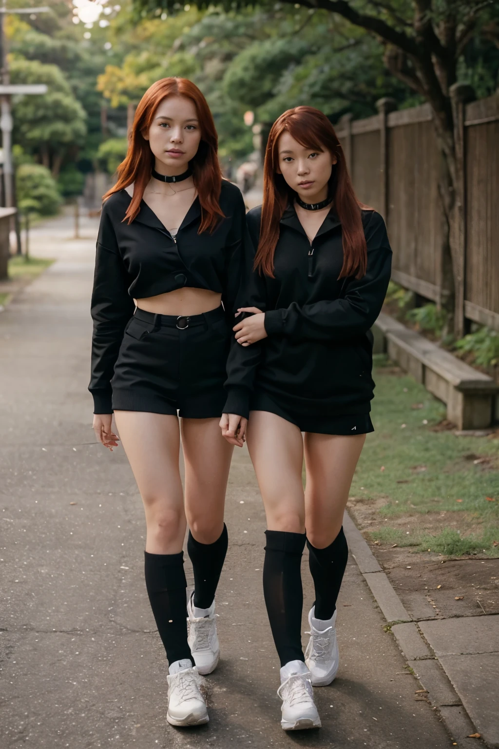 Two Sexy redhead nude japanese girls in a Girls world only walking exploration wearing only Black over-the-knee socks, sneakers and a dog collar.