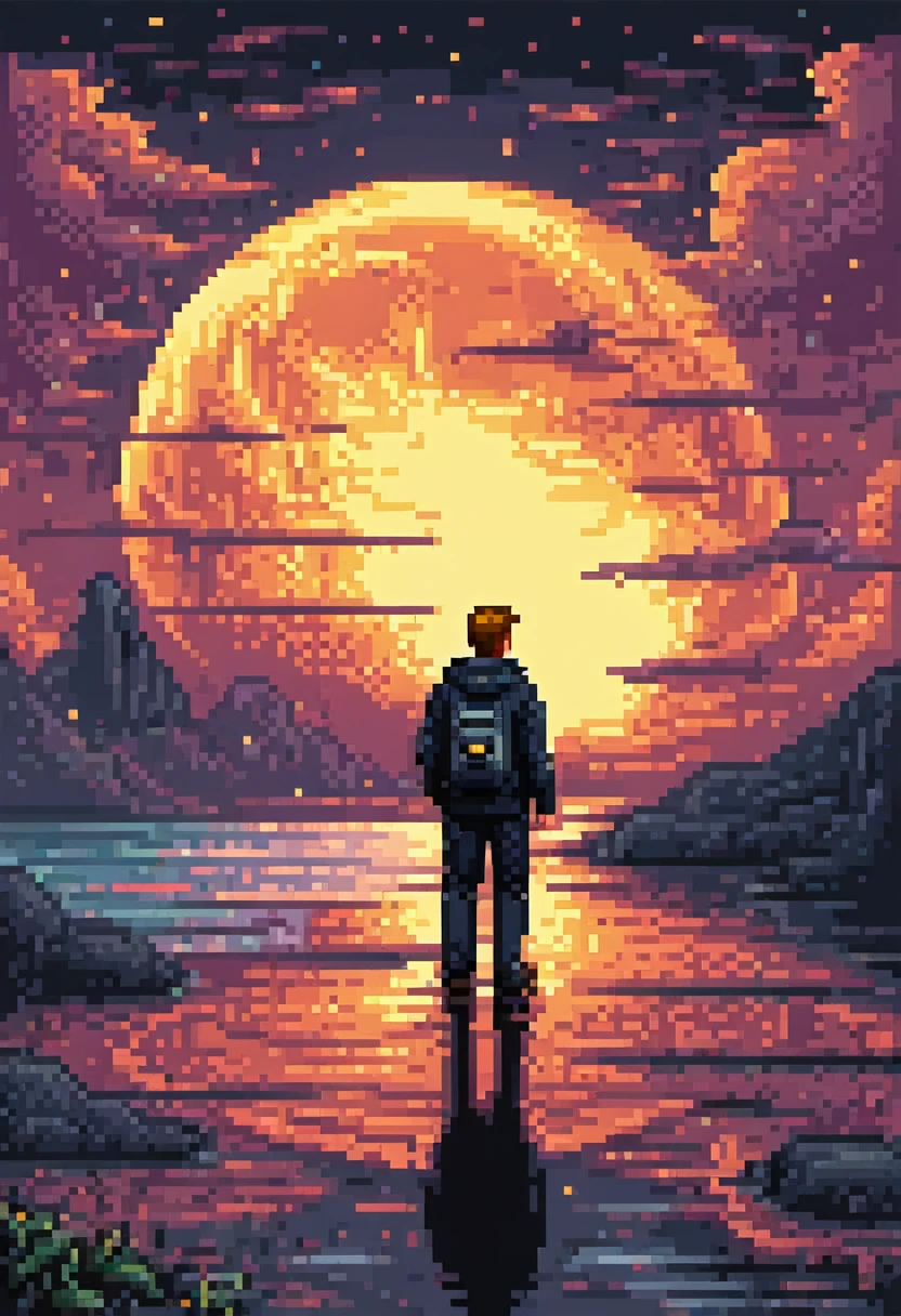 arte de pixel d&#39;una enorme luna cayendo sobre el mar con fuego y un hombre en un automovil color negro alejandose del desastre el homre es ryan gosling, beautiful detailed pixel art, detailed pixel art, Retro Lo-Fi video game, concept arte de pixel, detailed pixel artwork, Estilo Pixel-Art, pixel city,meme ryan gosling, animations arte de pixel, automovil estilo pixel art color negro, arte de pixel ,huge hero silhouette seen from behind , Super detailed color Lowpoly art, #arte de pixel:3, # arte de pixel, #arte de pixel