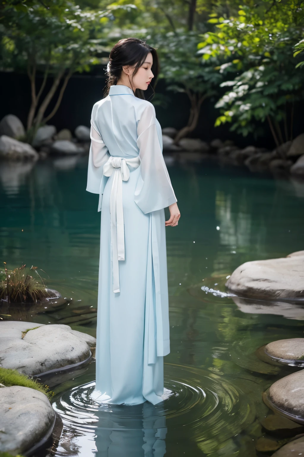 A woman, clad in a logo Nam Gye-u hanbok, stands by a glistening galvanized metal basin, filling it up with crystal-clear water. The intricate details of her traditional Korean attire, with its vibrant colors and elegant lines, are accentuated under the soft, warm light. Her expression is peaceful and focused as she pours the water, the liquid reflecting her calm and serene demeanor. The scene is reminiscent of a video art piece, capturing the beauty and tranquility of everyday rituals. Her long, dark hair cascades down her back, adding to the atmosphere of stillness and grace. The authentic textures and high-res