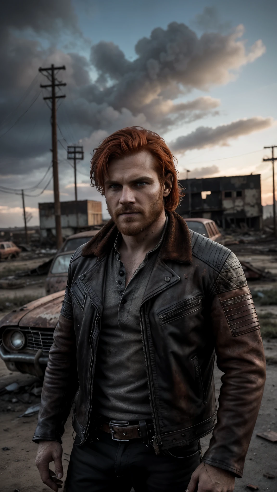Amidst the desolate wasteland, a fiery-haired outlaw stands out against the backdrop of decay. His red hair, once vibrant and full, now holds hints of gray, framing a ruggedly handsome face. A worn-in black leather jacket hugs his lean frame, adorned with intricate patches representing a life of rebellion and survival. The retrofuturistic setting is reminiscent of the 50s, with rusted cars and dilapidated buildings scattered around. The scene is captured in the raw, masterpiece style, with cinematic lighting bringing out the rich textures and details. The image is in the best quality, with ultra-