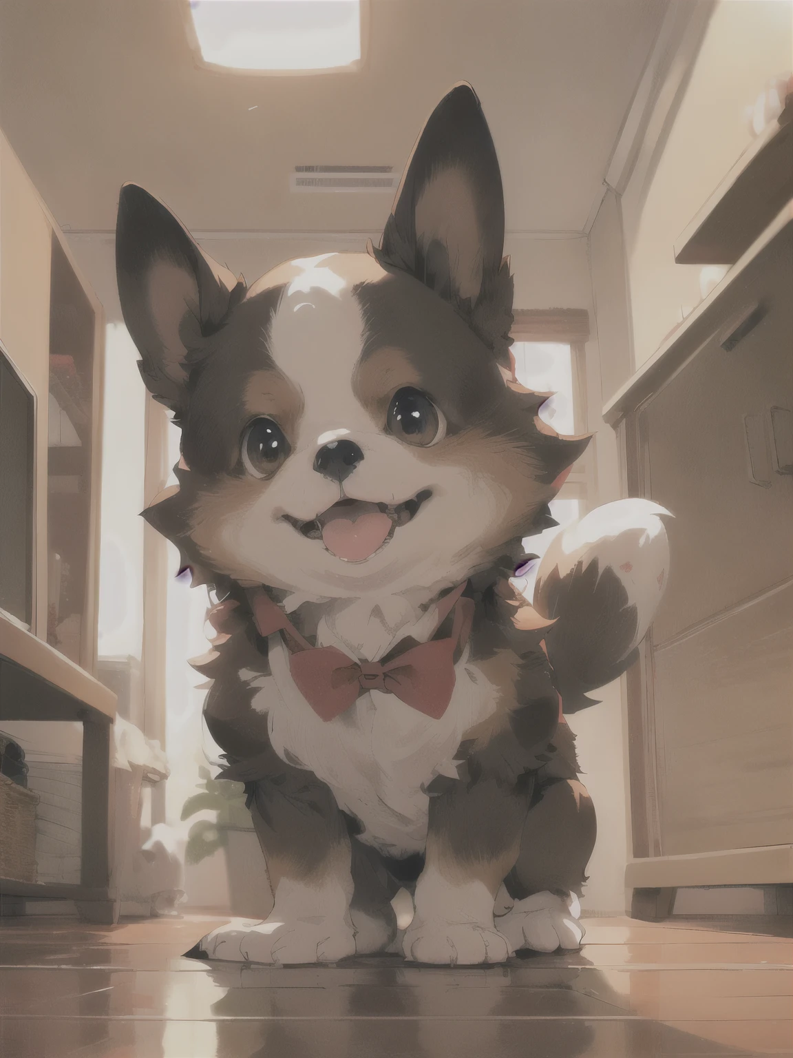 best quality, (masterpiece:1.2), best quality, PIXIV, cute dog, small dog, dark brown fur, red bow necktie, living room backdrop, playful
