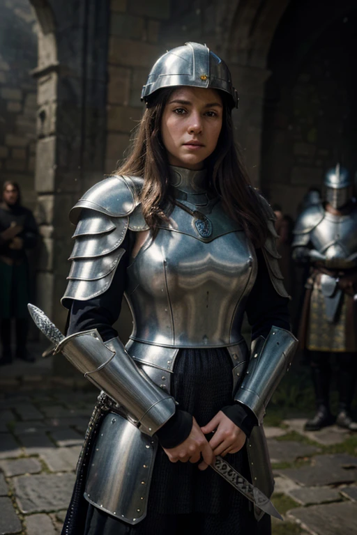 best quality,4k,8k,highres,masterpiece:1.2,ultra-detailed,realistic:1.37,portrait,medieval fantasy,romantic,moody lighting,mystical atmosphere,Casca,helmet,chainmail armor,sword,warrior