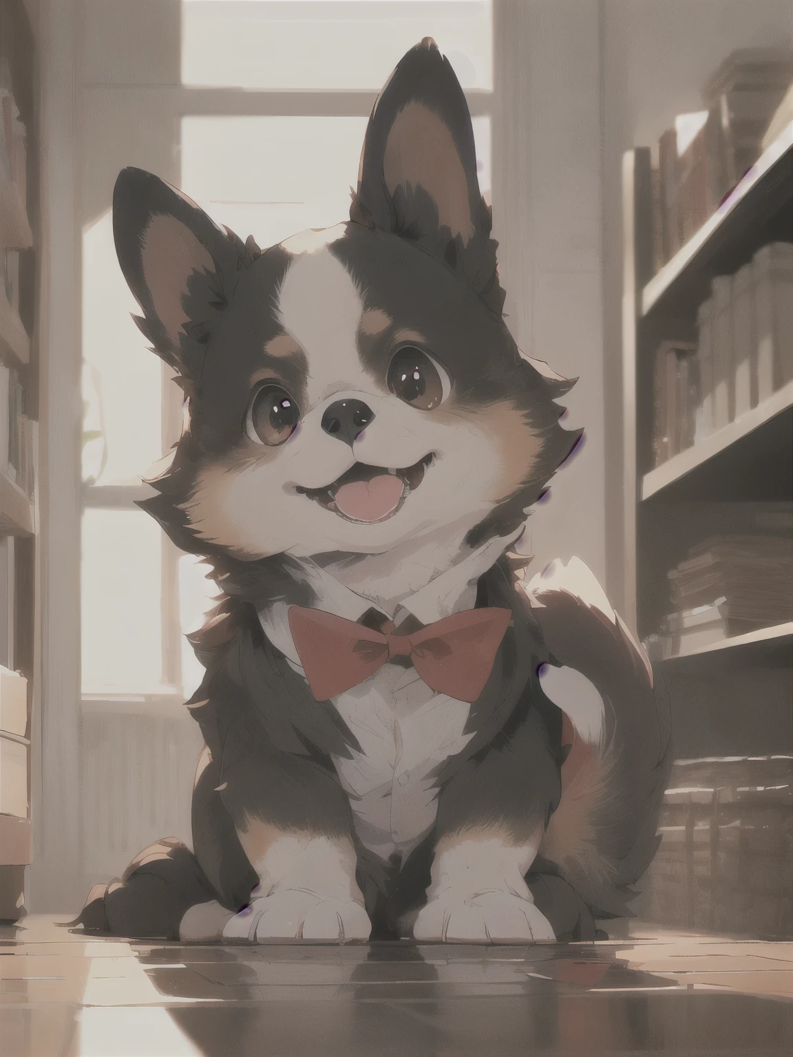 best quality, (masterpiece:1.2), best quality, PIXIV, cute dog, small dog, dark brown fur, red bow necktie, living room backdrop, playful