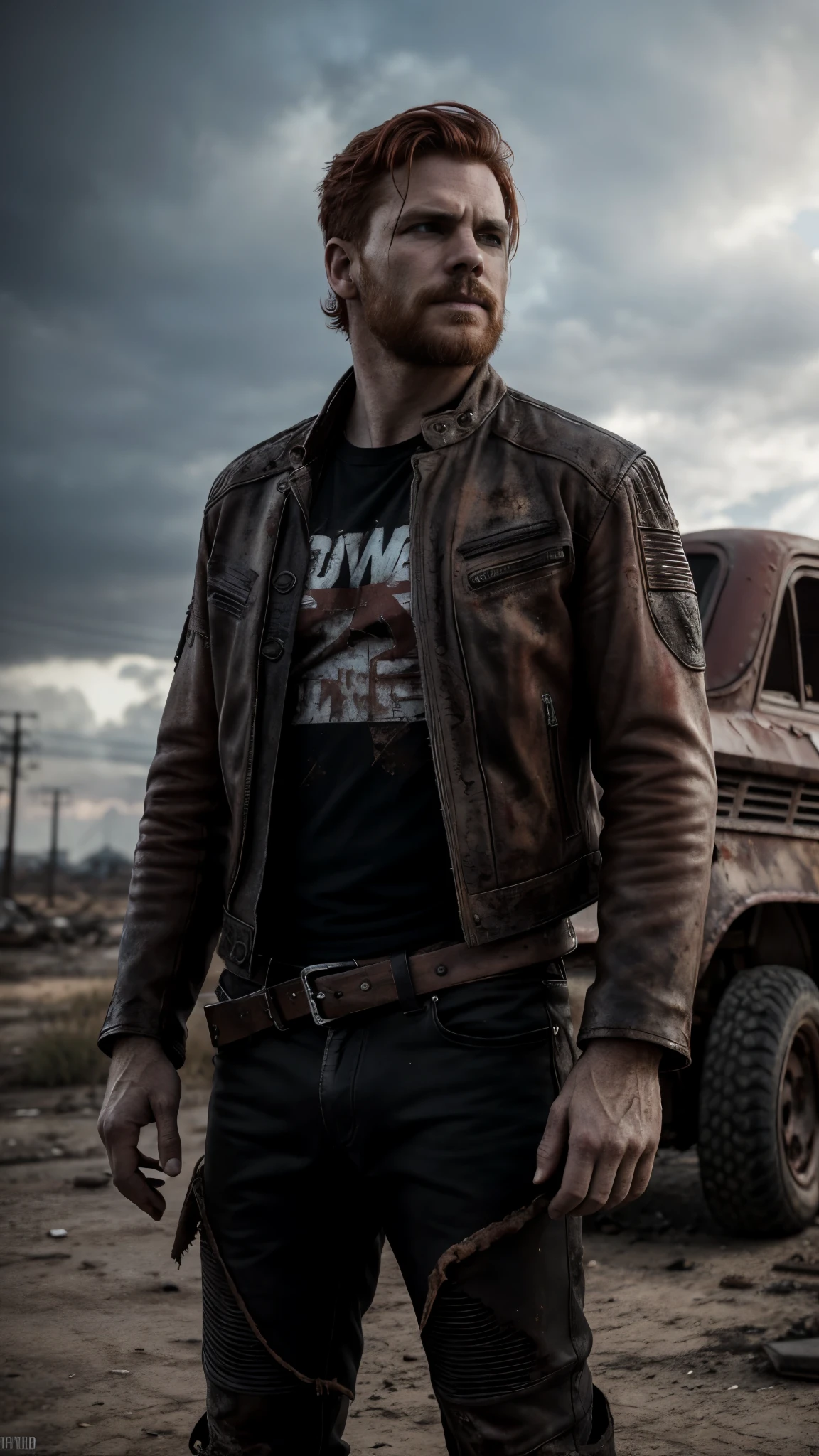 Amidst the desolate wasteland, a fiery-haired outlaw stands out against the backdrop of decay. His red hair, once vibrant and full, now holds hints of gray, framing a ruggedly handsome face. A worn-in black leather jacket hugs his lean frame, adorned with intricate patches representing a life of rebellion and survival. The retrofuturistic setting is reminiscent of the 50s, with rusted cars and dilapidated buildings scattered around. The scene is captured in the raw, masterpiece style, with cinematic lighting bringing out the rich textures and details. The image is in the best quality, with ultra-