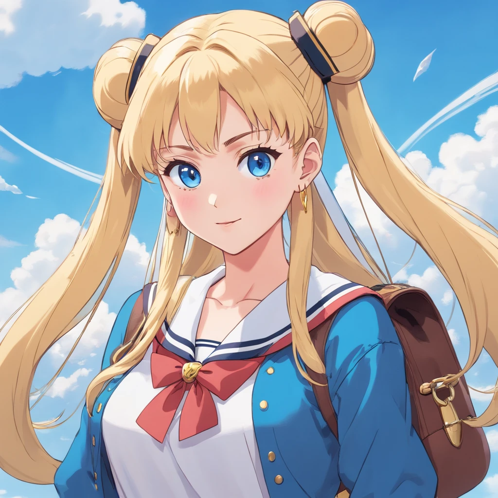Adult woman blonde long hair with two buns tied to two high pigtails sky blue eyes face identical to Serena Tsukino character from the Sailor Moon anime dressed in a short top and jeans with black ankle boots and a bag