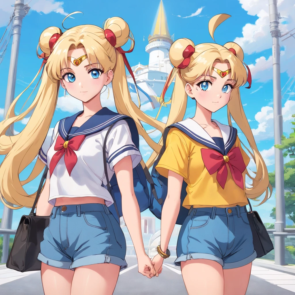 Adult woman blonde long hair with two buns tied to two high pigtails sky blue eyes face identical to Serena Tsukino character from the Sailor Moon anime dressed in a short top and jeans with black ankle boots and a bag