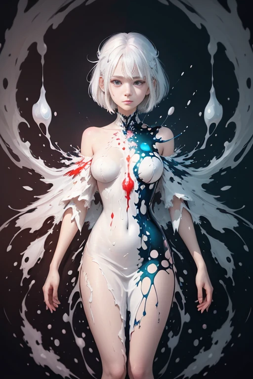 white-haired girl in dress liquid paint, Perfect proportions, (detailed eyes, eye correction), (Abstract art:1.6), bleeding color, fragile beauty, rebirth cycle, full body, ((More liquid paint splashes)), (zero gravity), (Photorealistic: 1.4), (Highly detailed), (high resolution), (Best quality), (masterpiece)