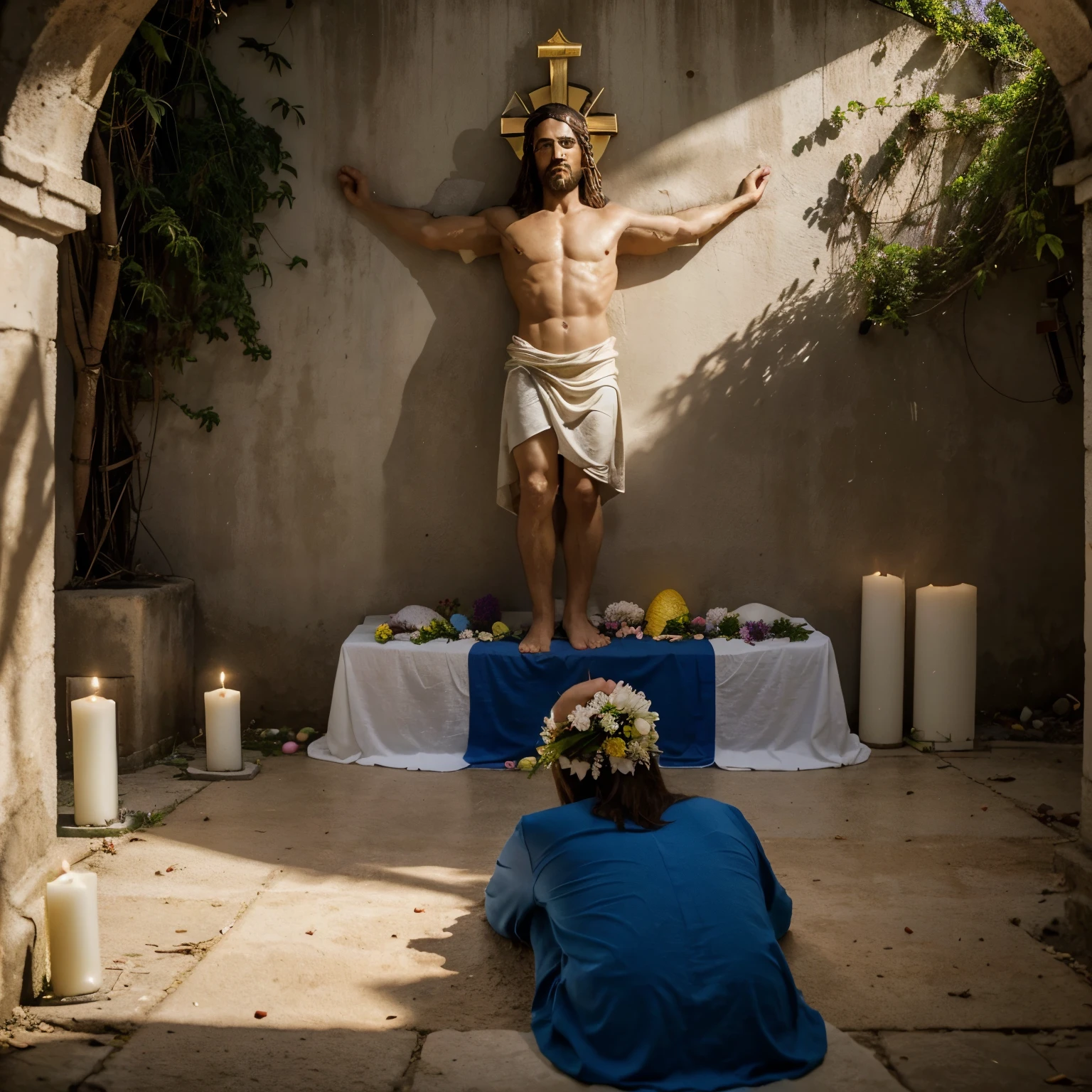 Publicity image with Easter-related background, Resurrection of Jesus. Title 1: EAC Santana. Title 2: Easter: o amor de Deus. Caption: local: san jose sanctuary date: 14/04 time: 9h. Caption 2: Why do you look for the living among the dead?? Ele ressuscitou!