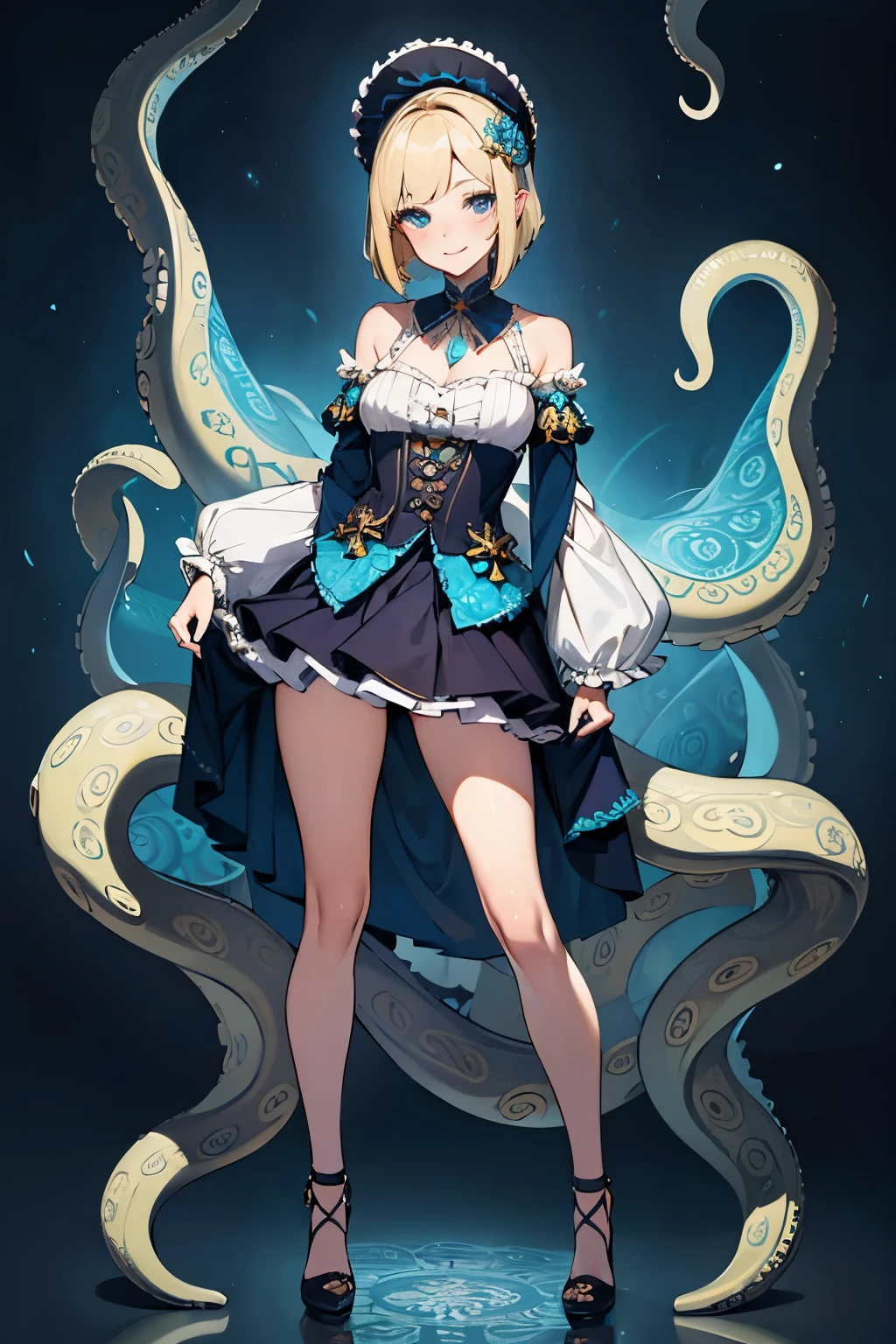 kraken Girl, Beautiful girl, Cute, Sexy, Strong, Slender, Delicate, Smile, (****ta costume), High legs, Metallic, ultra color, paisley, Headgear, mandalas, Near future, Helix lamp,blonde  bob  hair, blue eyes, tentacles,tentacles legs are tentacles, There are tentacles growing out from under the skirt.