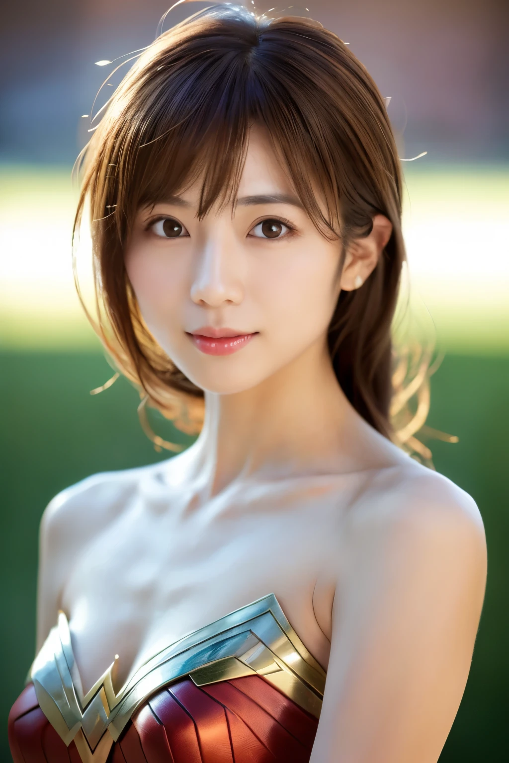 masterpiece, Skinny Japanese woman, Age 30s, 1 beautiful girl, high quality, (High resolution), (8K), (reality: 1.4), Asian beauty, cute face, detailed face, detailed eyes, beautiful skin, movie lighting, bright lighting, professional lighting, looking at the viewer, look straight ahead, slanted bangs, brown hair, (Wonder woman cosplay), (full body photo)