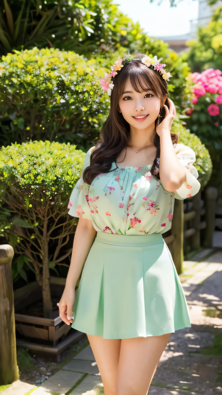 (realistic, photo-realistic:1.4), (extremely detailed 8k wallpaper), bokeh, detailed beautiful eyes and skin, (Image from thighs to head:1.3), (Japanese idol:1.3), 25yo, beautiful woman, smile, (large breast:1.2), full body,
Mint green flared skirt, floral print blouse, beige espadrilles, Fresh, Botanical garden tour, Exotic plants and winding paths,