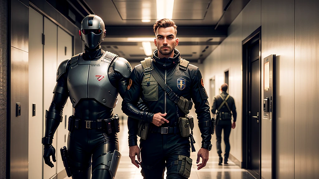 soldado entrando em uma cidade futurista, homem de pele parda, cabelos pretos, olhos castanhos, forte, rosto bonito, ambiente futurista, 3d realista, walking towards the entrance door of the headquarters