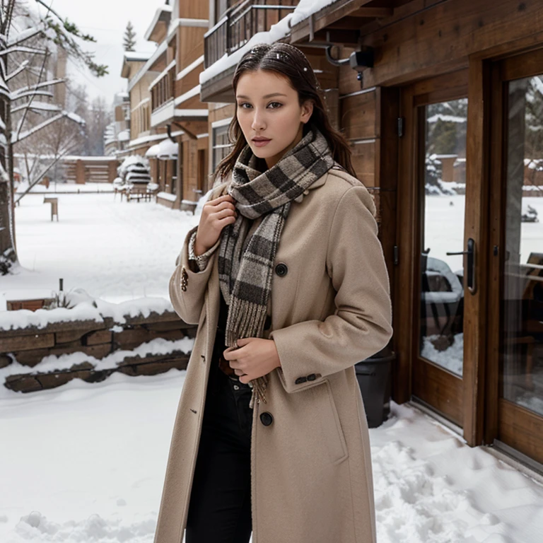 Bella Hadid in the snow wearing a coat and scarf