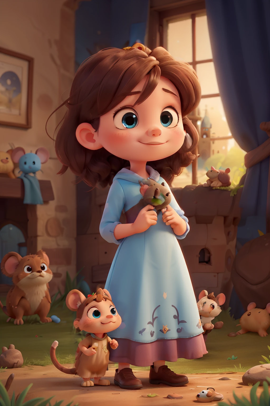 princess with fair skin light eyes brown hair blue dress with a little mouse in her hand in front of a castle
