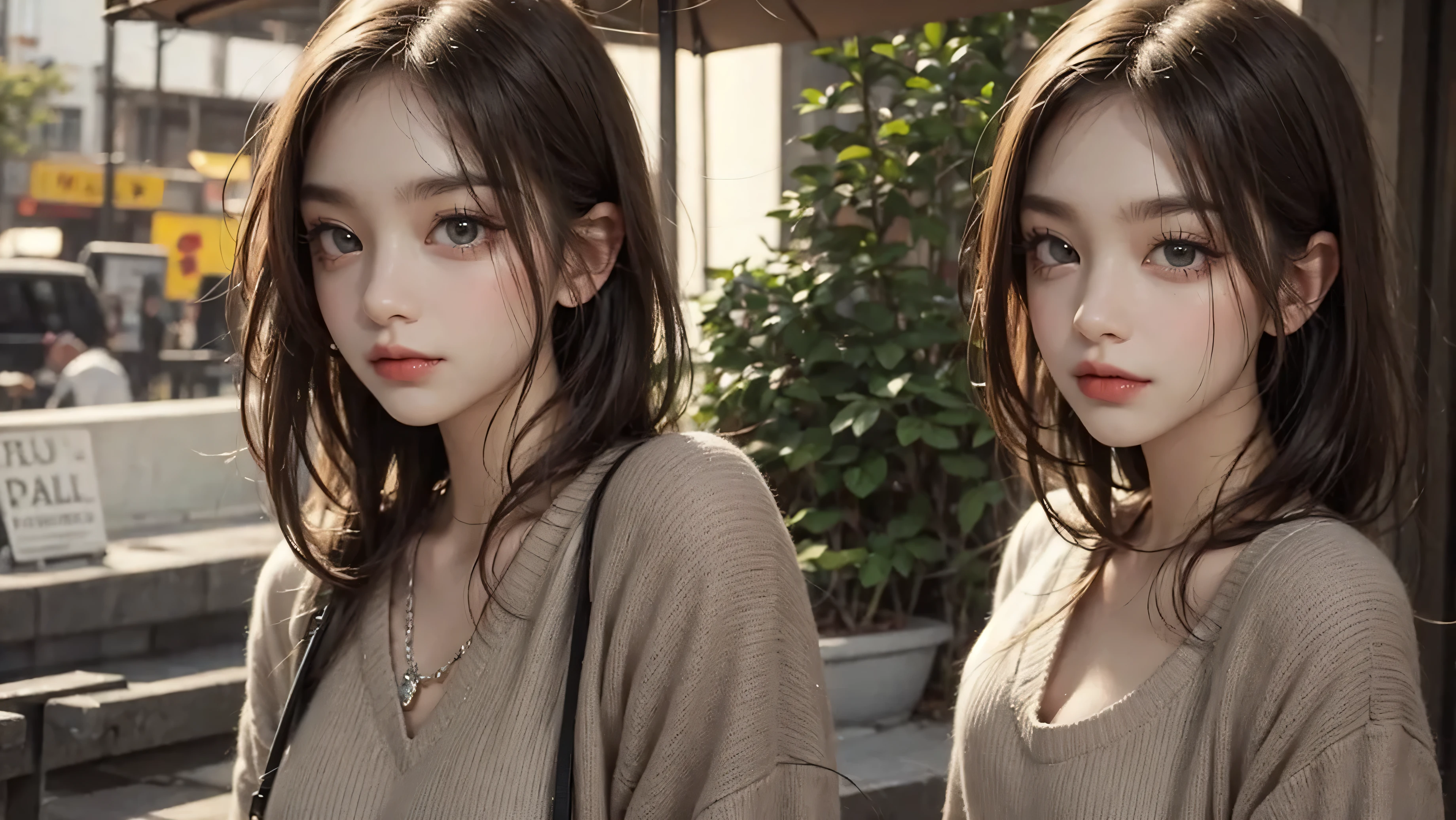 outdoor、Light brown short hair、