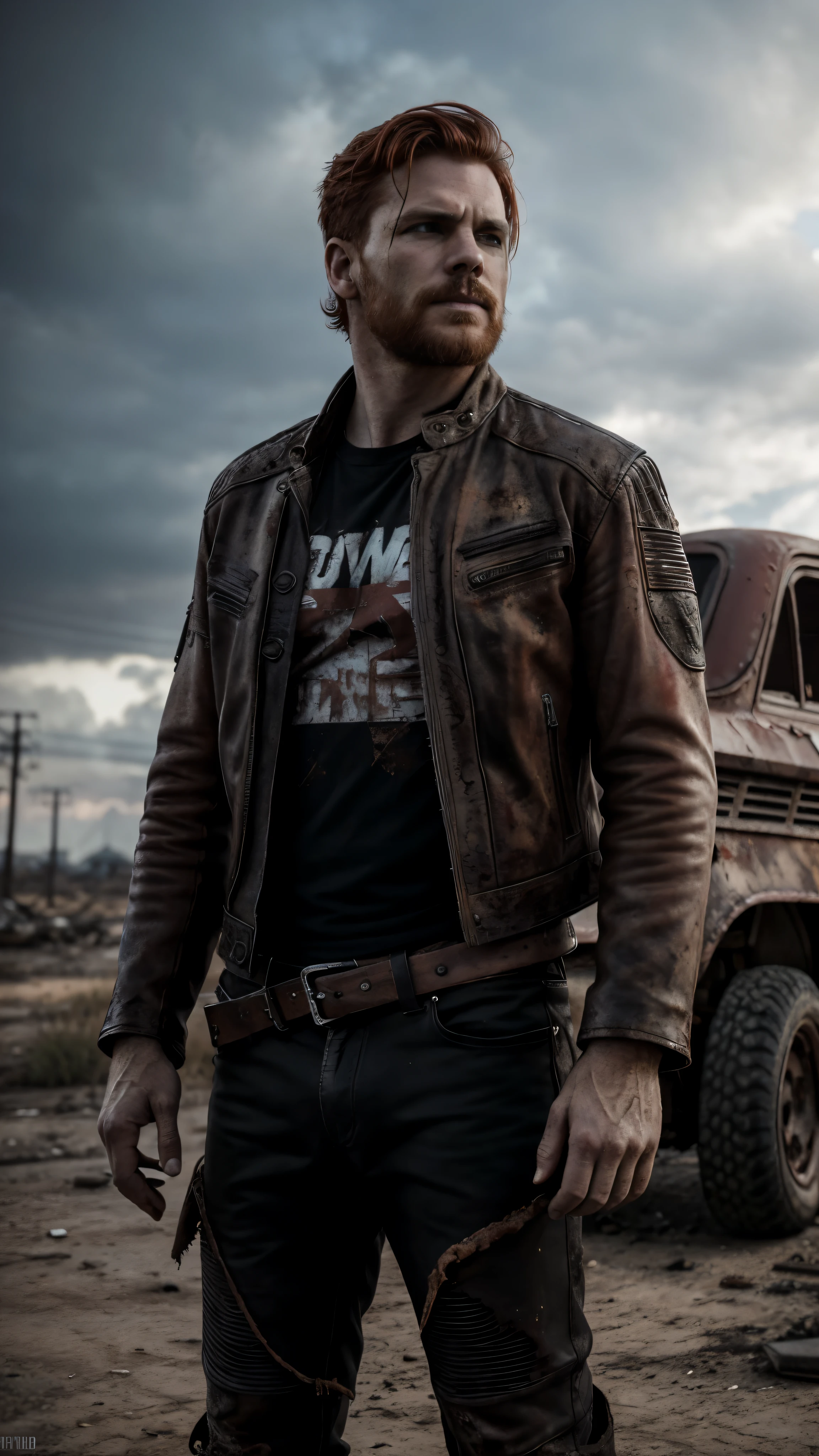 Amidst the desolate wasteland, a fiery-haired outlaw stands out against the backdrop of decay. His red hair, once vibrant and full, now holds hints of gray, framing a ruggedly handsome face. A worn-in black leather jacket hugs his lean frame, adorned with intricate patches representing a life of rebellion and survival. The retrofuturistic setting is reminiscent of the 50s, with rusted cars and dilapidated buildings scattered around. The scene is captured in the raw, masterpiece style, with cinematic lighting bringing out the rich textures and details. The image is in the best quality, with ultra-
