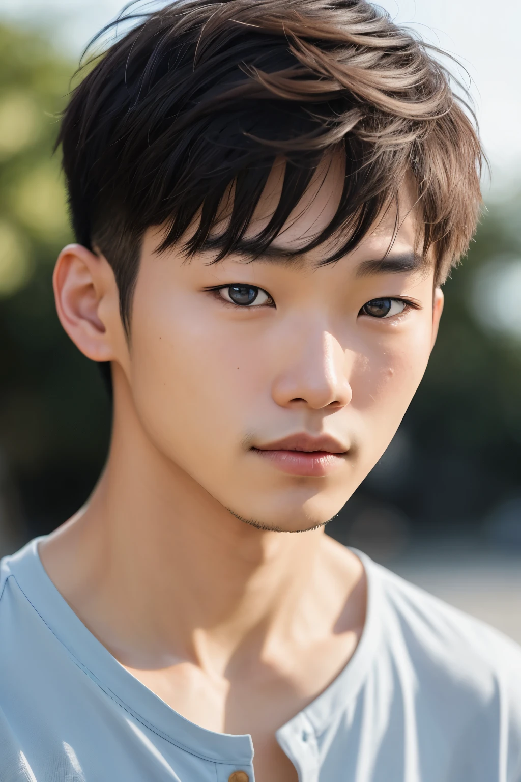 Raw and candid portrait, showcasing a front and side close-up photo of a young Korean man in his 20s. With a cute, delicate, and playful face, his blue eyes draw you in, while the realistic skin texture adds depth and authenticity to the image. Standing tall and athletic, his presence is captivating, especially in his boho-chic style. The imperfections in his skin only enhance his natural beauty. Against a clean white background, the photo was expertly captured with a Sony Alpha A6500 1.4f, resulting in a stunning bokeh effect. Every detail is highly detailed, making it a true masterpiece of portraiture.