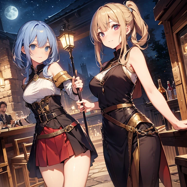 A group of female medieval fantasy adventurers, (in tavern), various hair styles, harem, night, details face, short skirt, seducing, sleeveless