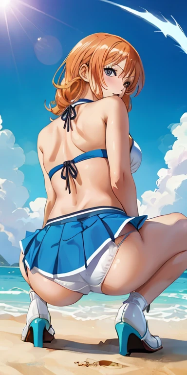An arafe woman wearing a bikini top and super miniskirt and holding a sword, Get on all fours with your hands、White panties are fully visible、Angle seen from behind while crawling on all fours on the bank、White shorts visible under the miniskirt、nami one piece, beautiful portrait of nami,White panties visible from the quatting with M-shaped legs、 Nami of one piece,Crawl on all fours, crawl on all fours,Nami in super miniskirt, Detailed Digital Anime Art, Cute exirobat showing white pants, Very detailed ArtGerm haha, deviantart artstation cgscosiety, realistic bikini, Swimsuit, fanart best artstation, ArtGerm. high detailing