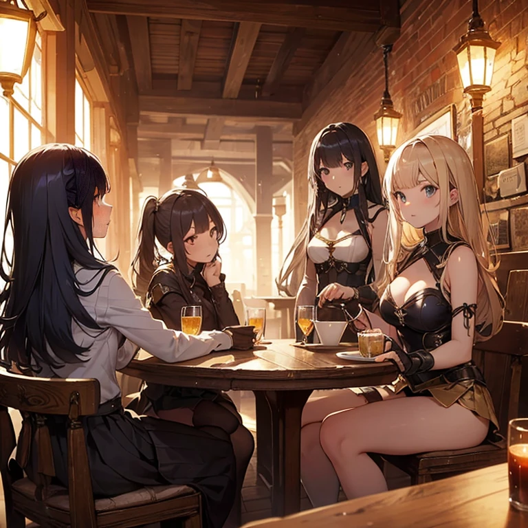 A group of female medieval fantasy adventurers, (in tavern), various hair styles, harem, night, details face, short skirt, seducing, sleeveless, armor