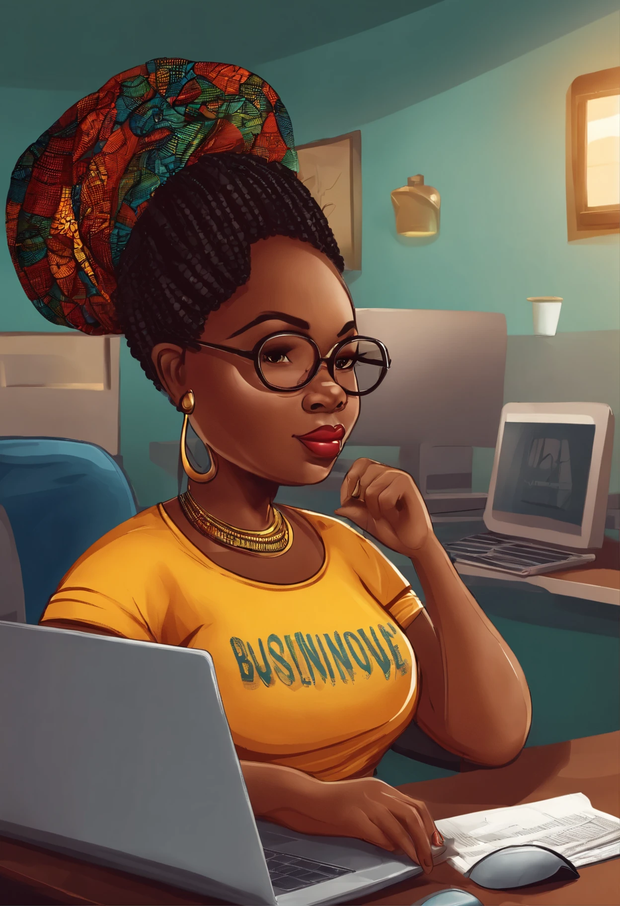 An African chubby lady sitting in the office , using a laptop and wearing a t shirt with the inscription business gateway