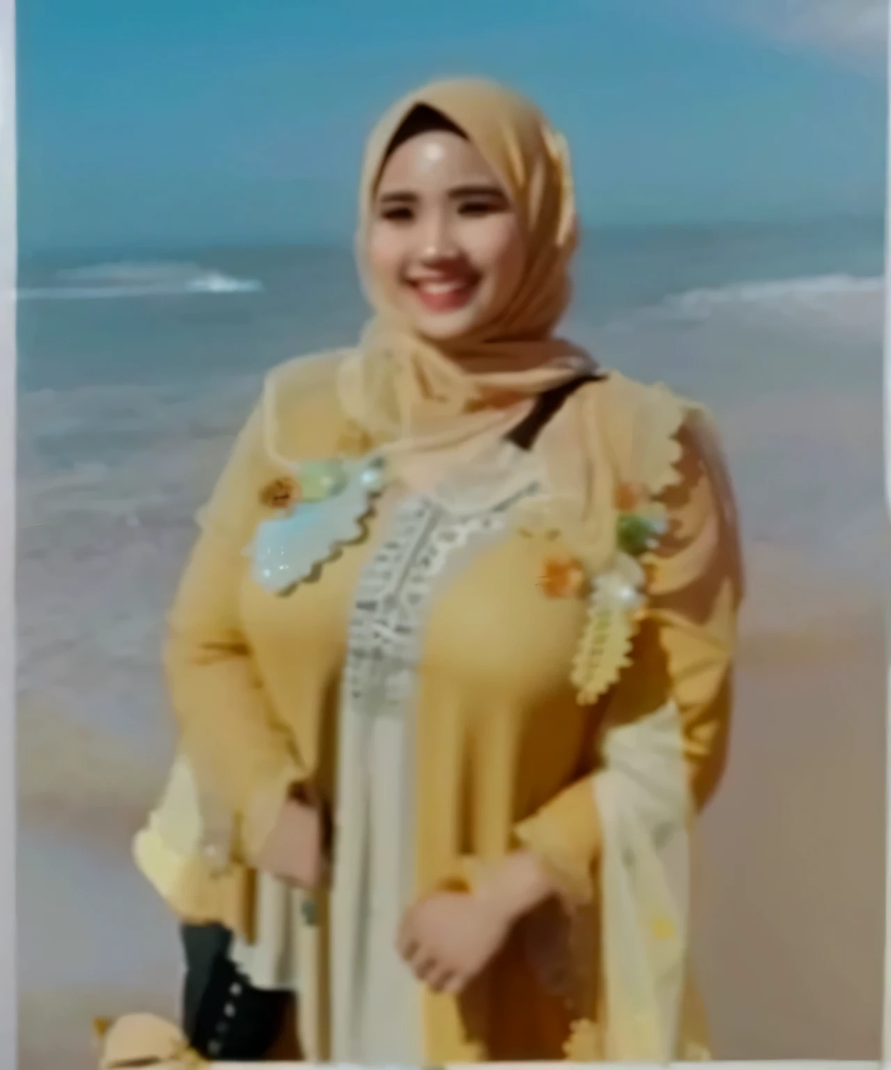 Large plump busty hijab woman wear ultra transparent thin clothing, yellow hijab, fixed quality, ultra realistic, super detail 