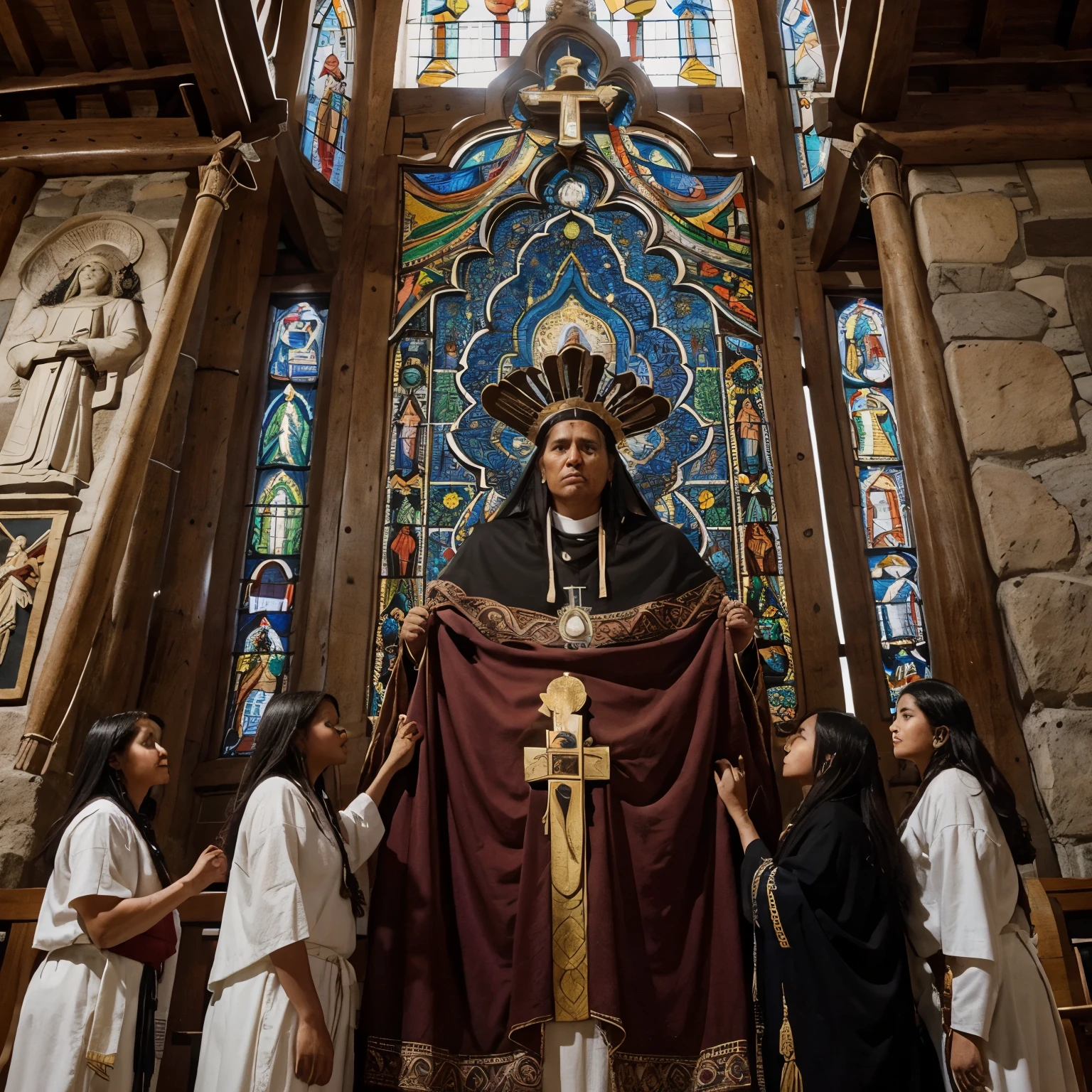 Perfecto. Imagine an image that represents the fusion of Catholic elements with indigenous culture in America. En el centro de la imagen, you can visualize a Catholic church with European architectural characteristics, surrounded by natural elements such as mountains, rivers and trees that represent the ancestral land of indigenous populations. En los alrededores de la iglesia, you can include indigenous figures participating in religious rituals that combine Catholic traditions with their own spiritual practices. This symbolizes the integration and adaptation of the Catholic faith in the cultural and geographical context of America., dejando un legado de sincretismo religioso y diversidad cultural.