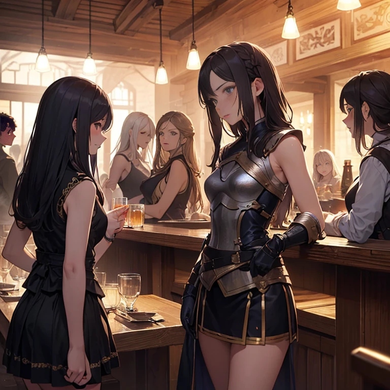 A group of  female medieval fantasy adventurers, (in tavern), various hair styles, harem, night, details face, short skirt, seducing, sleeveless, armor 