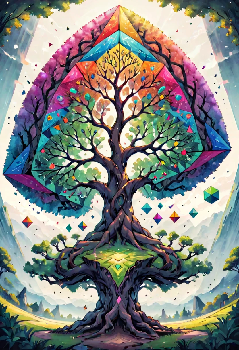 giant geometric shape, colorful tree of life, geometric art, symmetrical, concept art, HDR, centered composition, high contrast, Zentangle . masterpiece, best quality, very aesthetic, absurdres, otclillsn