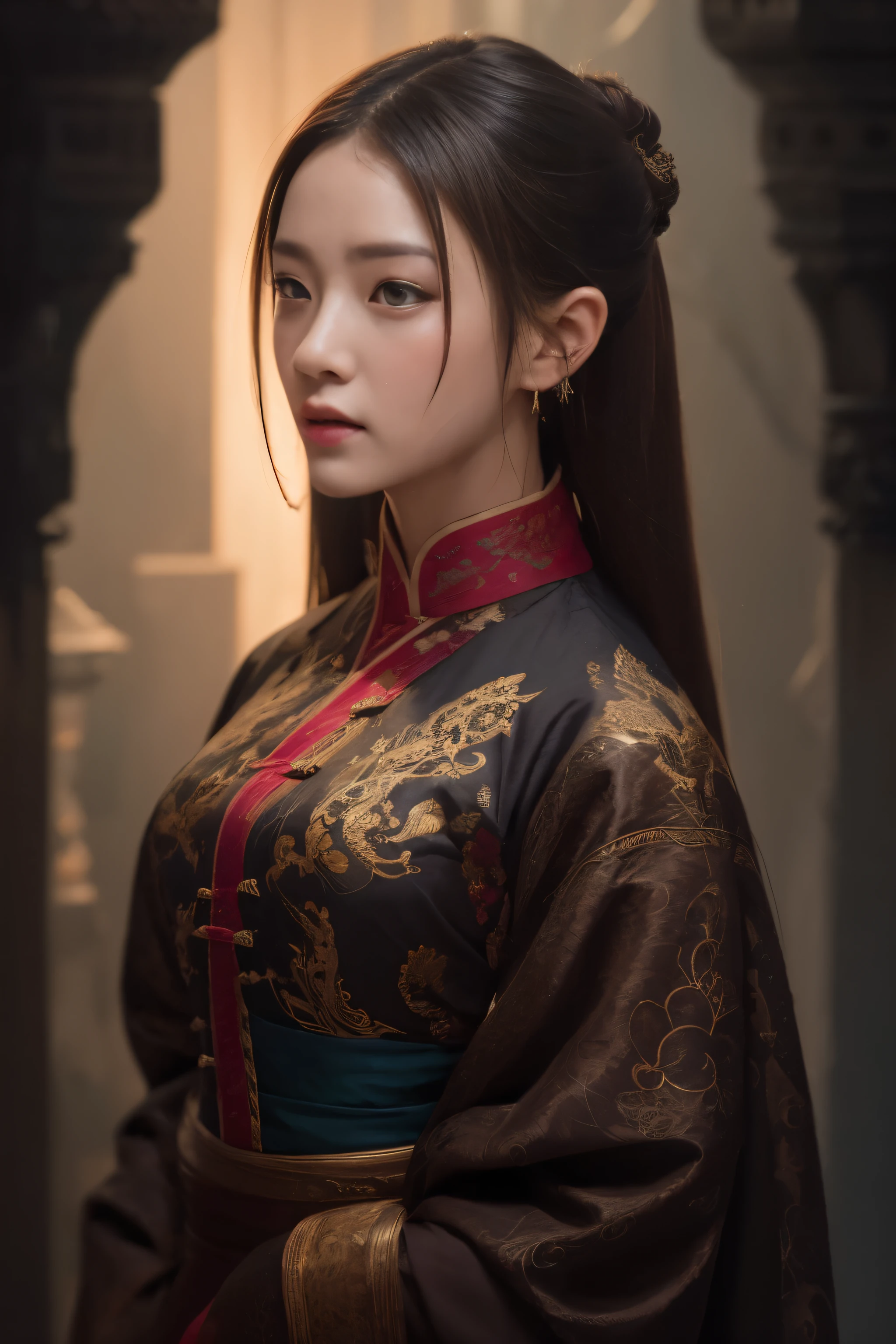 Official Art, Unity 8k wallpaper, super detailed, beautiful, beautiful, masterpiece, best quality,
dark, atmospheric, mystical, romantic, creepy, literature, art, fashion, ming and qing dynasties, decoration, intricate, ironwork, embroidery, contemplation, emotional depth, supernatural, hanfu
1 girl, solo, neck, bust composition,dynamic action,Kungfu,