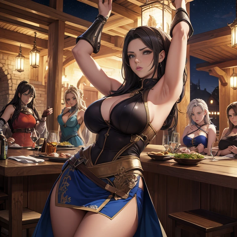 A group of  female medieval fantasy adventurers, (in tavern), various hair styles, harem, night, details face, short skirt, seducing, sleeveless, armor, armpits 