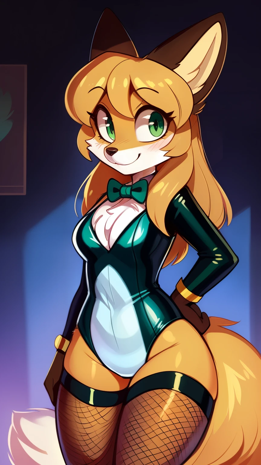 Nervous smiling, uploaded the e621, beautiful and detailed, woman (((female))) ((anthro)) Fox, (Averi, Fox girl), by waspsalad, by phluks, by zero-sum, cinematic lighting, Fox, (anthro, fluffy fur, character focus:1.1), 1girl, anthro fox girl, body fur, curvy, sexy, nice, cute, hot, comfortable anime-style cartoon-style, digital drawing, (half-closed eyes), green eyes, green leotard (latex leotard), latex stockings (green stockings), bowtie wristband, (Playboy Bunny suit, Fishnet pantyhose), bowtie, hands on hips