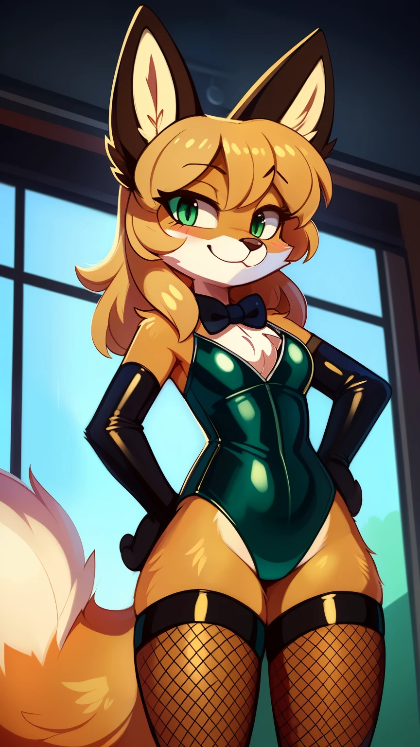 Nervous smiling, uploaded the e621, beautiful and detailed, woman (((female))) ((anthro)) Fox, (Averi, Fox girl), by waspsalad, by phluks, by zero-sum, cinematic lighting, Fox, (anthro, fluffy fur, character focus:1.1), 1girl, anthro fox girl, body fur, curvy, sexy, nice, cute, hot, comfortable anime-style cartoon-style, digital drawing, (half-closed eyes), green eyes, green leotard (latex leotard), latex stockings (green stockings), bowtie wristband, (Playboy Bunny suit, Fishnet pantyhose), bowtie, hands on hips