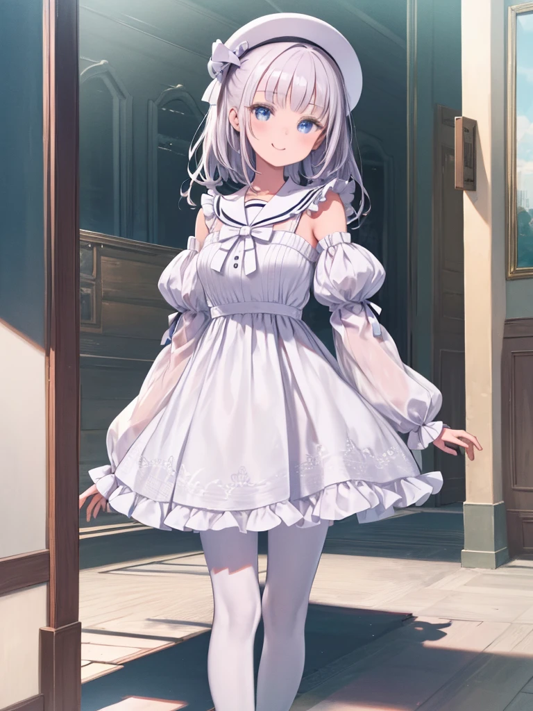 absurderes,(masterpiece、top-quality、8K ),intricate detailes,ultra-detailliert,softfocus、((Cute 10 year old beautiful girl:1.4)),(A slight smil:1.2)、silber hair、Pattsun bangs、Long hairstyle、(rabbitears、Pink ruffled dress,white knee highs:1.3),(paw pose:1.3)、small rabbit、Small 、pink curtain,Bay window、Flowers in a vase、Hyper realistic,Perfect Anatomy
