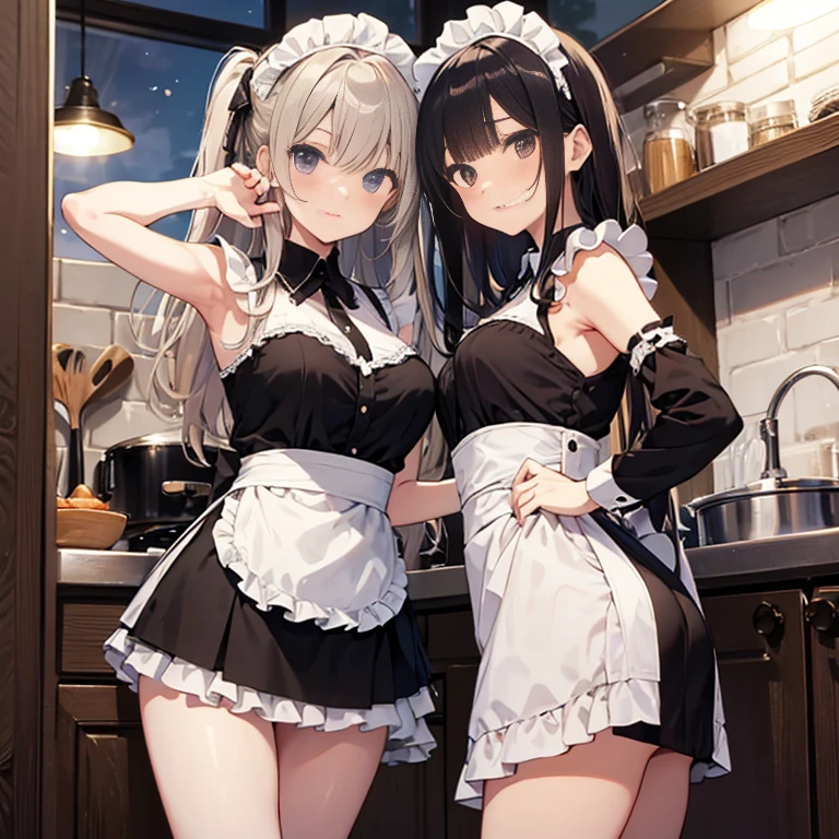 A group of maids, (in kitchen), various hair styles, harem, wearing maid clothes, night, details face, short skirt, seducing, armpits