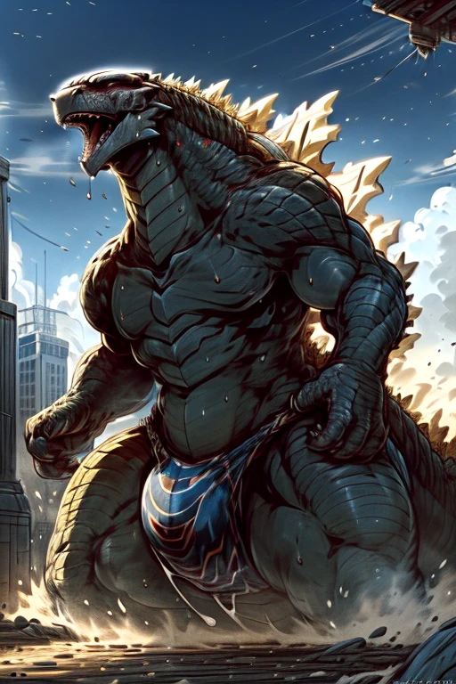 ((solo) full height):1, godzillaxp, (monitor dragon):1.8, adult, mature, handsome, (godzilla_2004 proportions):0.5, (correct anatomy):1, vascular veins, dragon tail, topless, ultradetailed, (by wfa), (by Traver009, by grimfaust), natural lighting (city background), (sweat:1.4, wet:1.6), (lots of sweat flowing down) exhausted, dragon head ((open:1 eyes, detailed):1.2), open mouth (steaming breath:1.2, drooling, dripping saliva, thick drool) tongue sticking out, (serious:1.4) expression), in pain. Buff, huge bulge, red speedo.