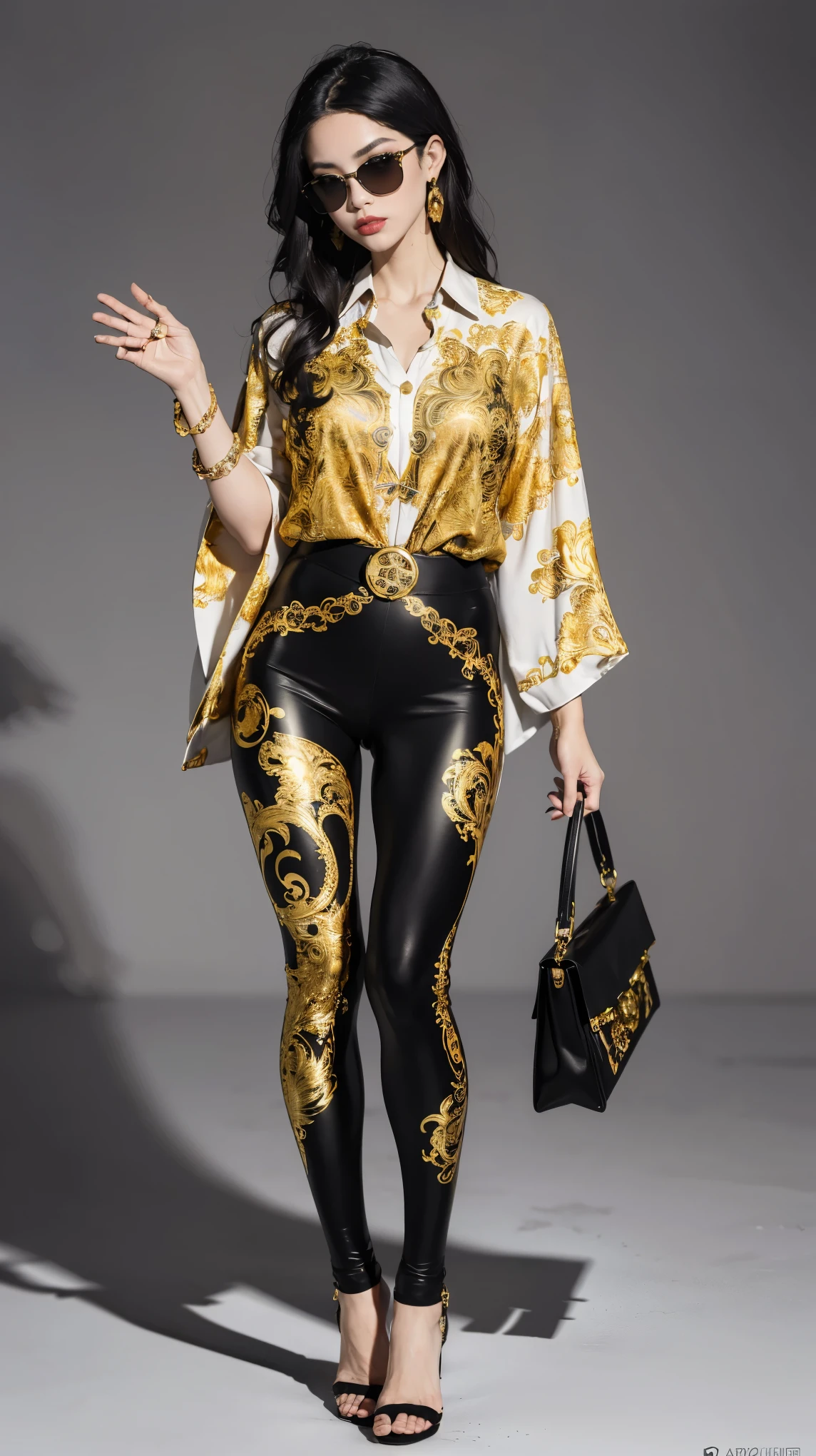 ((best quality,4k,highres,masterpiece:1.2)),((character concept art)), 1 female, age 25, Chinese Hong Kong, Hong Kong Elite, eldest sister, triad female leader, Known for her impeccable fashion sense and elegant demeanor, she is a true embodiment of the Versace brand. Her body language is as captivating as her style, always exuding confidence and high fashion. (((She's wearing an exquisite Versace Barocco-print Shirt in Silk and Barocco-print leggings gold-tone/white/black, a true testament to the brand's luxurious aesthetic.))) Paired with Versace Medusa Tribute Sandals, she carries her ensemble with an air of effortless sophistication. Her accessories include a Versace Medusa Tribute Bag and a pair of Versace Tribute Sunglasses, enhancing her overall look. ((intricate detail)), super finely detailed hands, ultra finely detailed fingers(((ten fingers))), (standing still with confidently), (full body showcase), (show full body), (no logos on background), (no logo), ((plain background)), ((plain background)), (((empty background))).