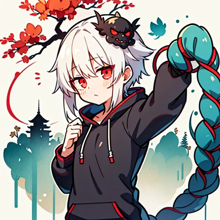 avatar image,Chibi,(1 person),shining eyes,red eyes,A white-haired boy wearing a black hoodie,Melancholic style, white haired god,bottomless,maplestory style, Bust-like,The camera captures the upper body,(Bust-likeカメラワーク),The background is a Chinese dragon,Mahjong tiles in hand(Rope,1のRope,Peacock),dynamic pose