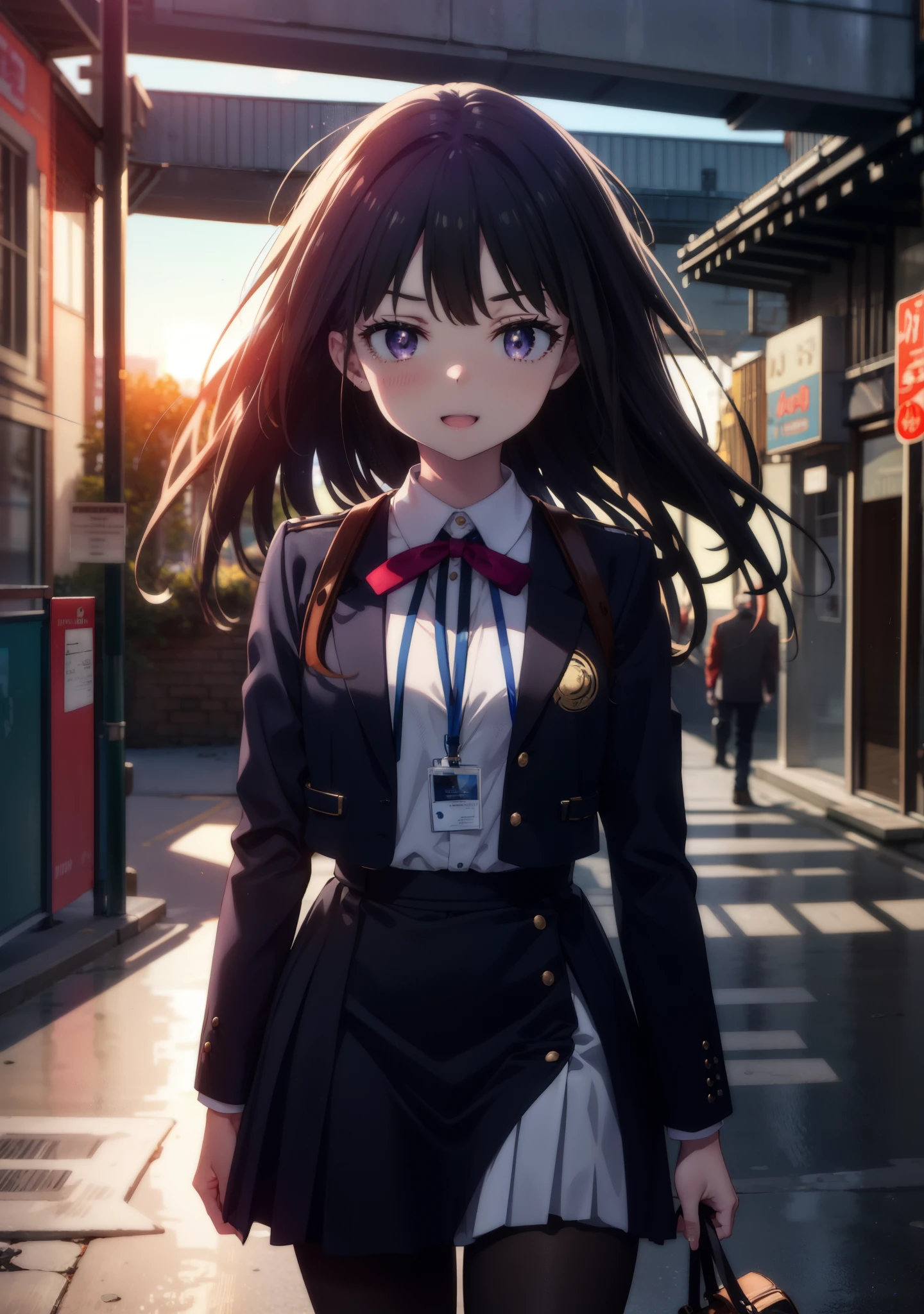 takinainoue, inoue takina, long hair, bangs, black hair, (purple eyes:1.2),OL, red glasses, end, black suit jacket, collared jacket, white dress shirt, collared shirt, neckline, button, strap, ID card on neck, 黒のペンシルskirt, black pantyhose,stiletto heels,morning,morning陽,the sun is rising,happy smile, smile, open your mouth,skirt,
BREAK outdoors, city,
BREAK looking at viewer, (cowboy shot:1.5),
BREAK (masterpiece:1.2), best quality, high resolution, unity 8k wallpaper, (illustration:0.8), (beautiful detailed eyes:1.6), extremely detailed face, perfect lighting, extremely detailed CG, (perfect hands, perfect anatomy),