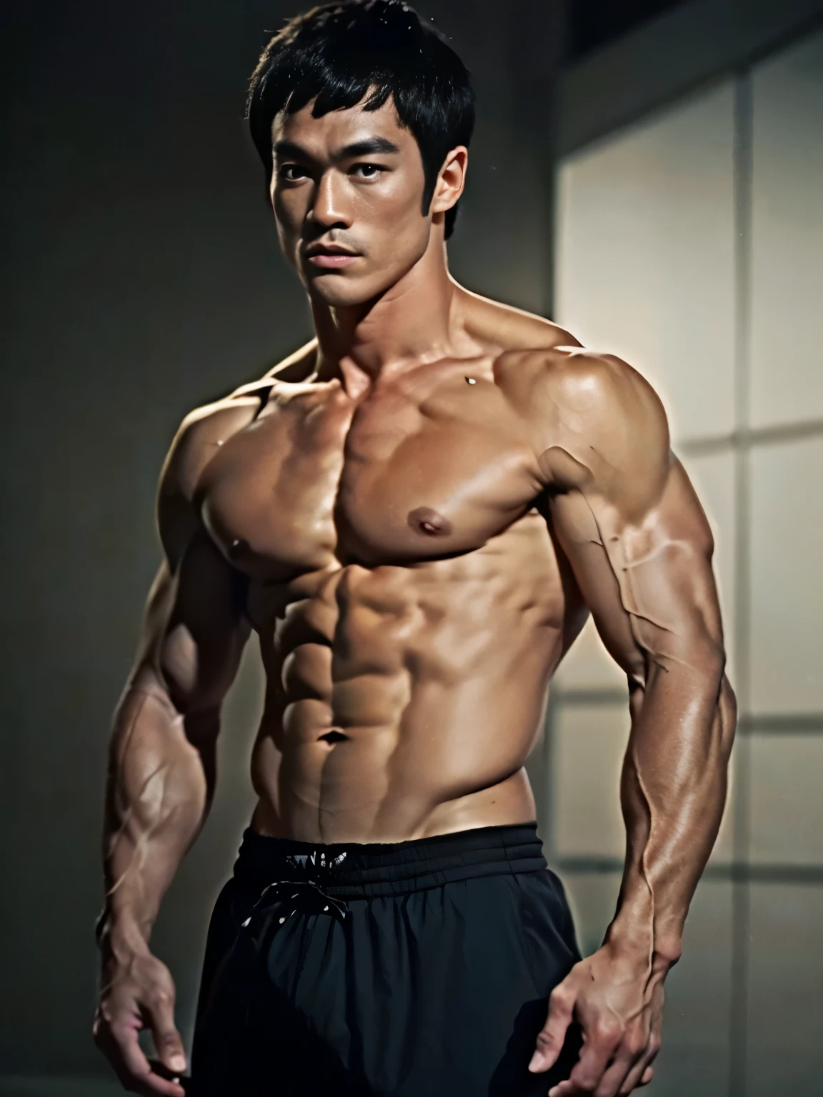 (8K, original photo, best quality),（（（Martial arts superstar actual））），street frontage，intricate details,Keep your mouth shut,muscle男,（（（Manliness）））,look away,male focus, ((best quality)), ((masterpiece)), (detailed), Young martial arts superstar male portrait, 18 year old male model, Handsome, High, cute look, seductive eyes, dark appearance, powerful, young male, Handsome model, clean shaved, silver eyes. (Brown messy short curly hair:1.2), messy curly hair, (short hair:1.7) super strong, muscle发达的, fit, massive muscles, (topless的:1.8), topless的, half naked, topless, muscle, torn, Strong body, fit body, great , amazing arms, Photo shooting site, (dark background:1.1) 8K, high detailed, ultra-detailed, fashion pose, Realistic skin texture, Movie lighting for Enter the Dragon
