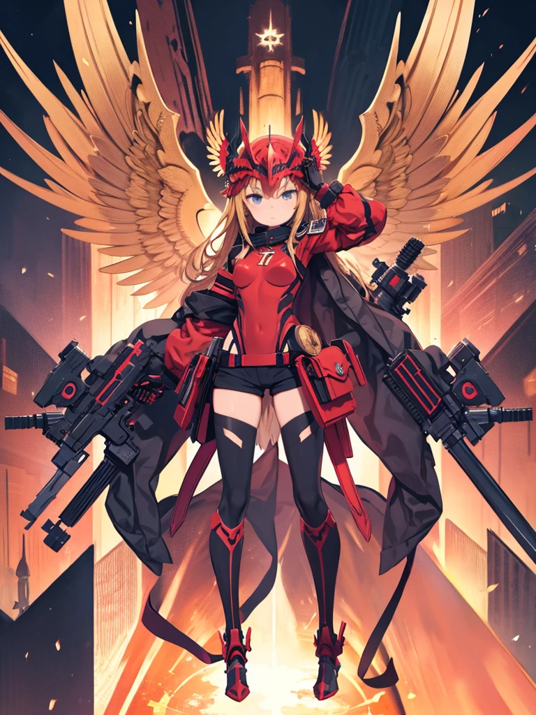 1 girl, alone, winged helmet, Red gold, AKZ-Armor, shorts, full body, combat readiness, Severe