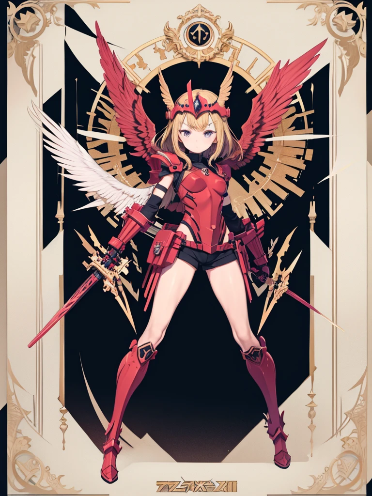 1 girl, alone, winged helmet, Red gold, AKZ-Armor, shorts, full body, combat readiness, Severe
