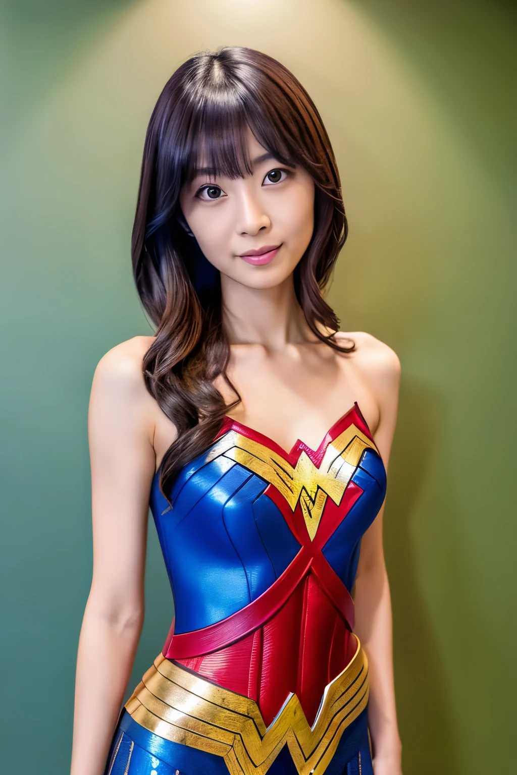 masterpiece, Skinny Japanese woman, Age 30s, 1 beautiful girl, high quality, (High resolution), (8K), (reality: 1.4), Asian beauty, cute face, detailed face, detailed eyes, beautiful skin, slender, very thin waist, movie lighting, bright lighting, professional lighting, looking at the viewer, look straight ahead, slanted bangs, brown hair, (Wonder woman cosplay), ((full body photo))