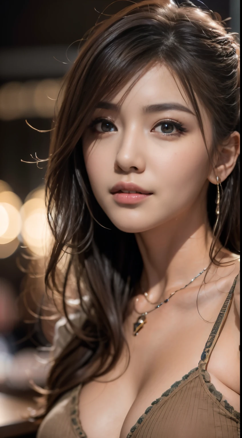 masterpiece, highest quality, realistic, Super detailed, small details, High resolution, 8k wallpaper, 1 beautiful woman, Please wear casual business attire, in a great restaurant, At night, light brown messy hair, perfect dynamic composition, detailed and beautiful eyes