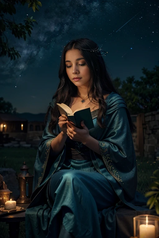 A mesmerizing enchantress sits beneath a starry sky, her cloak woven from celestial threads, while holding a book of spells written in the language of the cosmos and her voice echoing with the harmony of the universe.