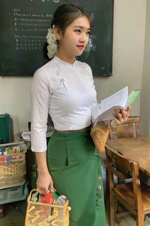 there is a woman standing in a green skirt and white shirt, nivanh chanthara, wearing traditional garb, traditional dress, wearing headmistress uniform, traditional clothes, wearing authentic attire, in style of lam manh, white shirt and green skirt, nuttavut baiphowongse, student, 30 years old woman