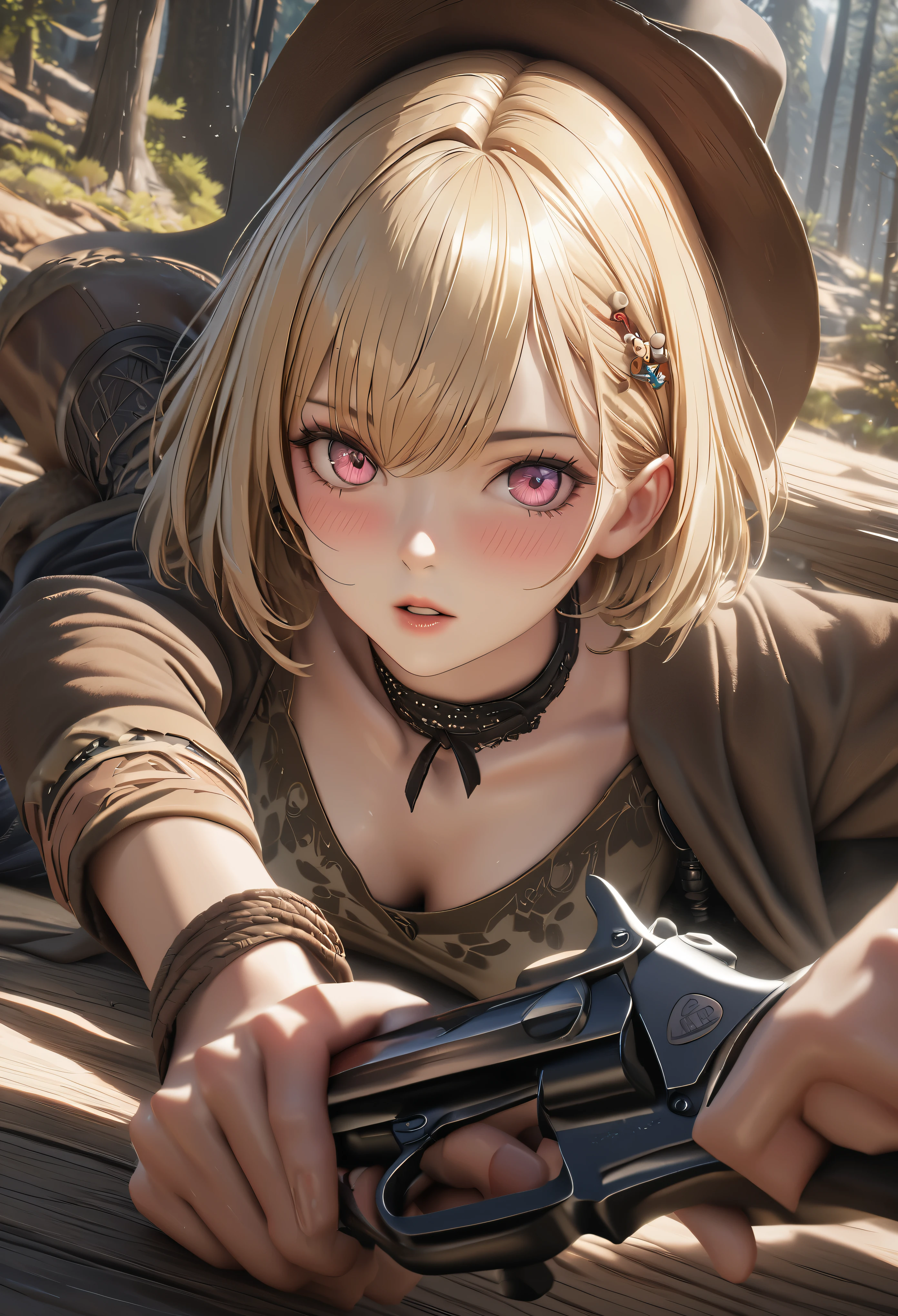 masterpiece,highest quality, Super detailed, High resolution, expensive resolution, HDR, 4k, 8K, unity 8k wallpaper, Super detailed CG, masterpiece, realistic, 2D, 3D, beautiful details, depth, fine texture , super fine: 1.3, Fully focused, Crispy.skin, .he,
Very cute anime girl 、Desolate wilderness、cowboy style costume、cowboy hat、cowboy boots、hand gun、mexican wilderness、duel、Standing with a hand gun、blonde short hair wearing expensive , one girl、alone, blonde short hair, cowboy style、cowboy hat、hand gun、duel、cowboy bootole under the eye, looking at the viewer , expensive , blush, mole, parted lips, hair ornaments, heart, pink eyes, choker