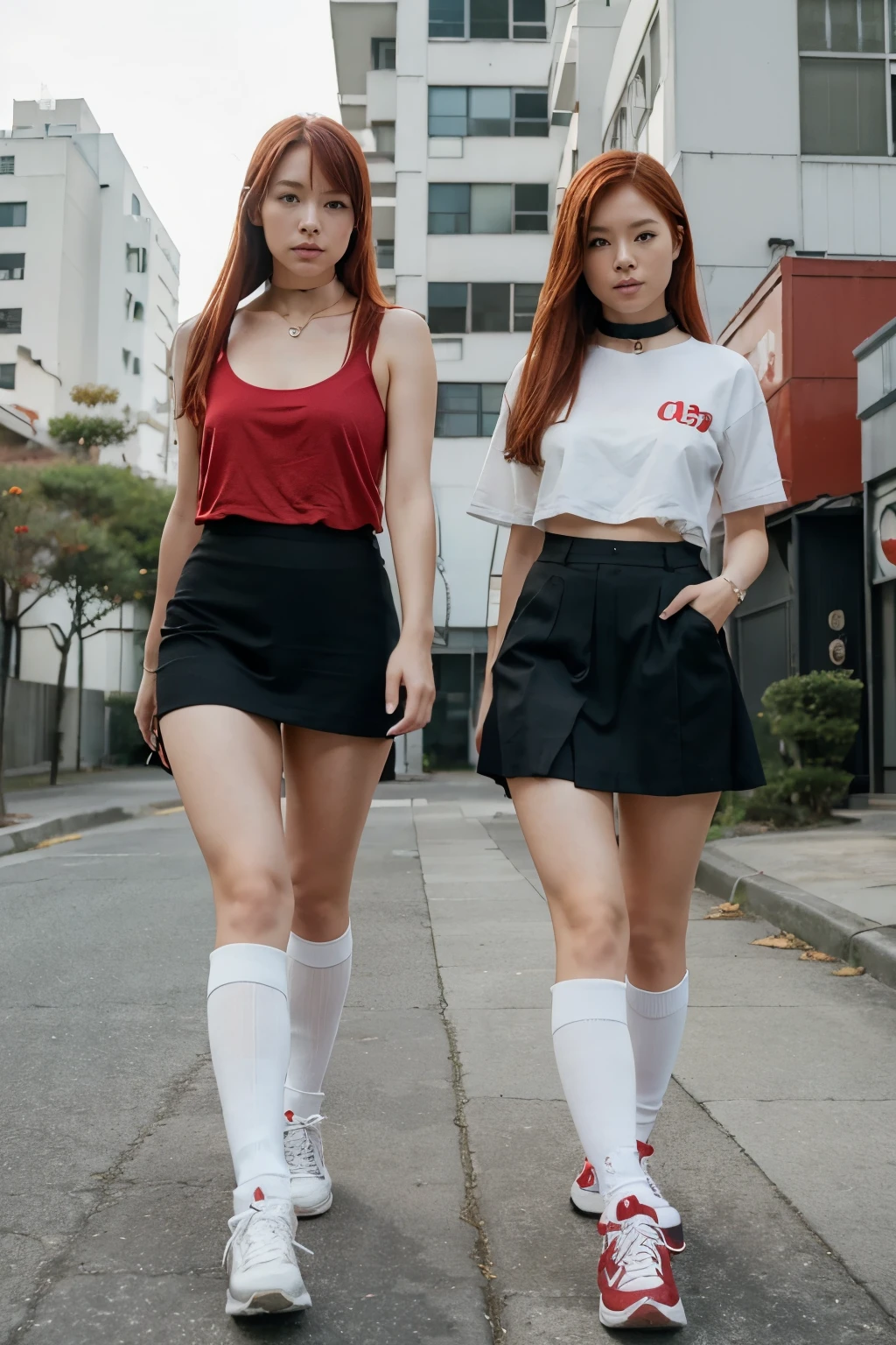 Two Sexy redhead nude japanese girls in a Girls world only walking exploration wearing only Black over-the-knee socks, sneakers and a dog collar. Red and white buildings in the back.
